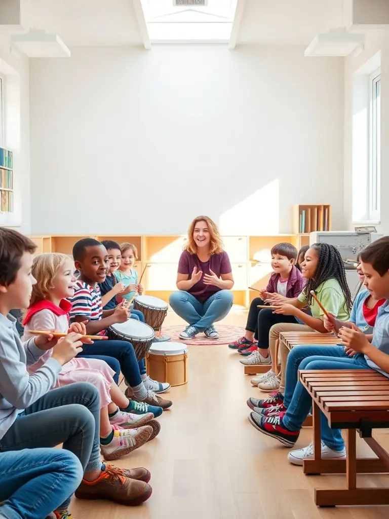 A diverse group of children participating in an interactive music workshop, led by a passionate instructor, demonstrating the engaging nature of the APEC ASS PARENTS D’ELEVES CONSERVATOIRE's workshops.