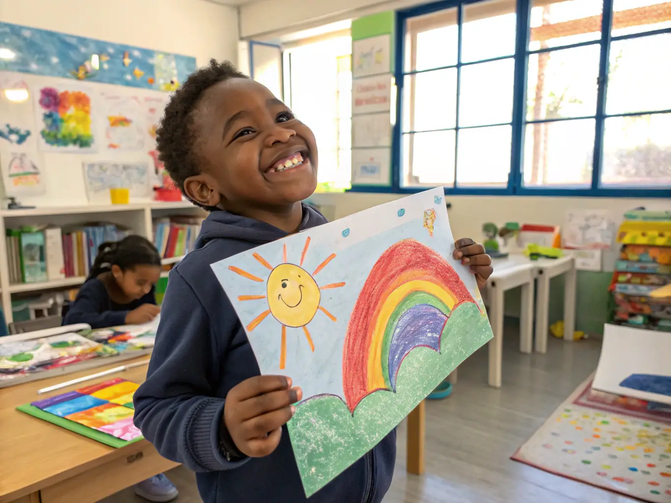A photograph of a student proudly displaying their artwork at a school exhibition, demonstrating the confidence and achievement gained through APEC's programs.