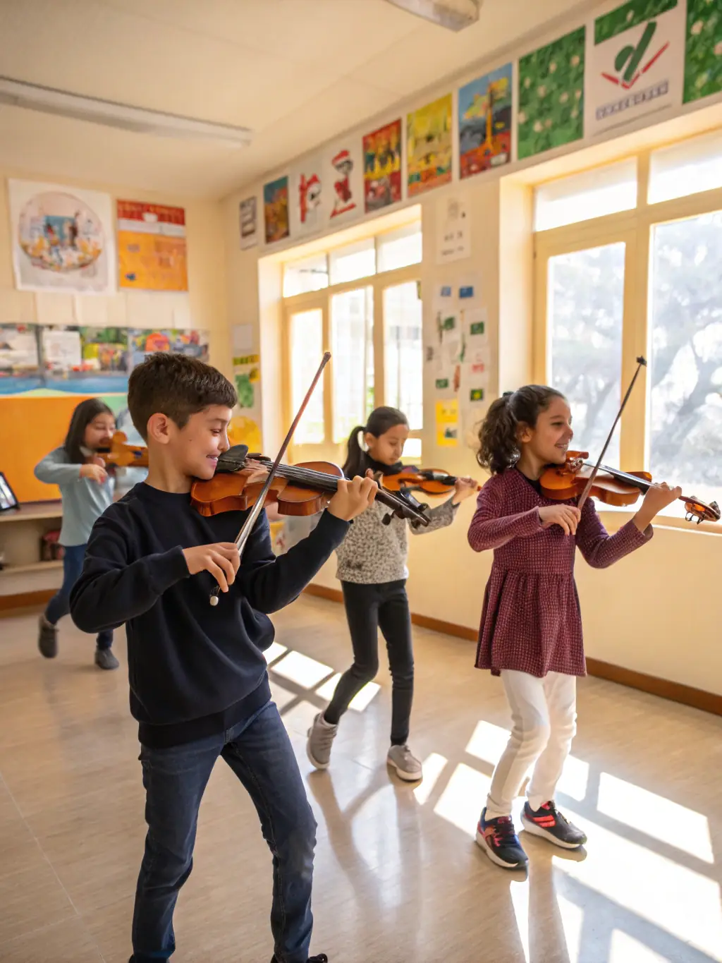 A vibrant photo of young musicians participating in a string ensemble workshop, showcasing focused students and an experienced instructor in a well-lit music room.