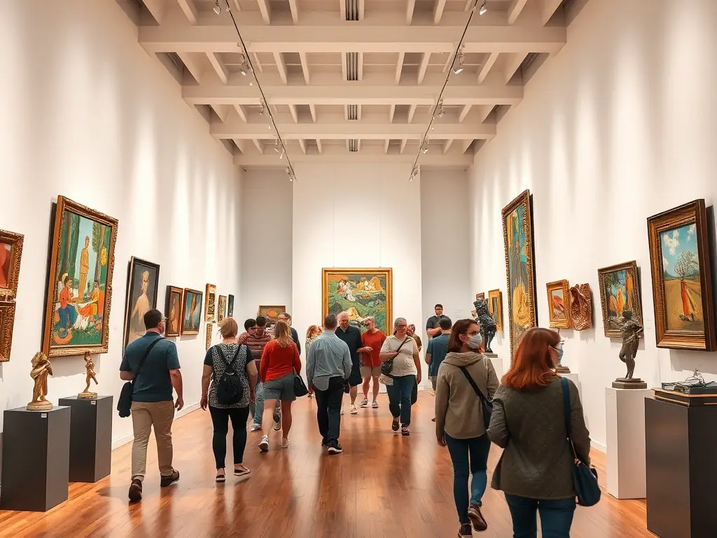 A vibrant scene from a student art exhibition, showcasing a variety of paintings, sculptures, and mixed media projects. Parents, teachers, and students are seen admiring the artwork, emphasizing the community involvement and celebration of artistic achievements.