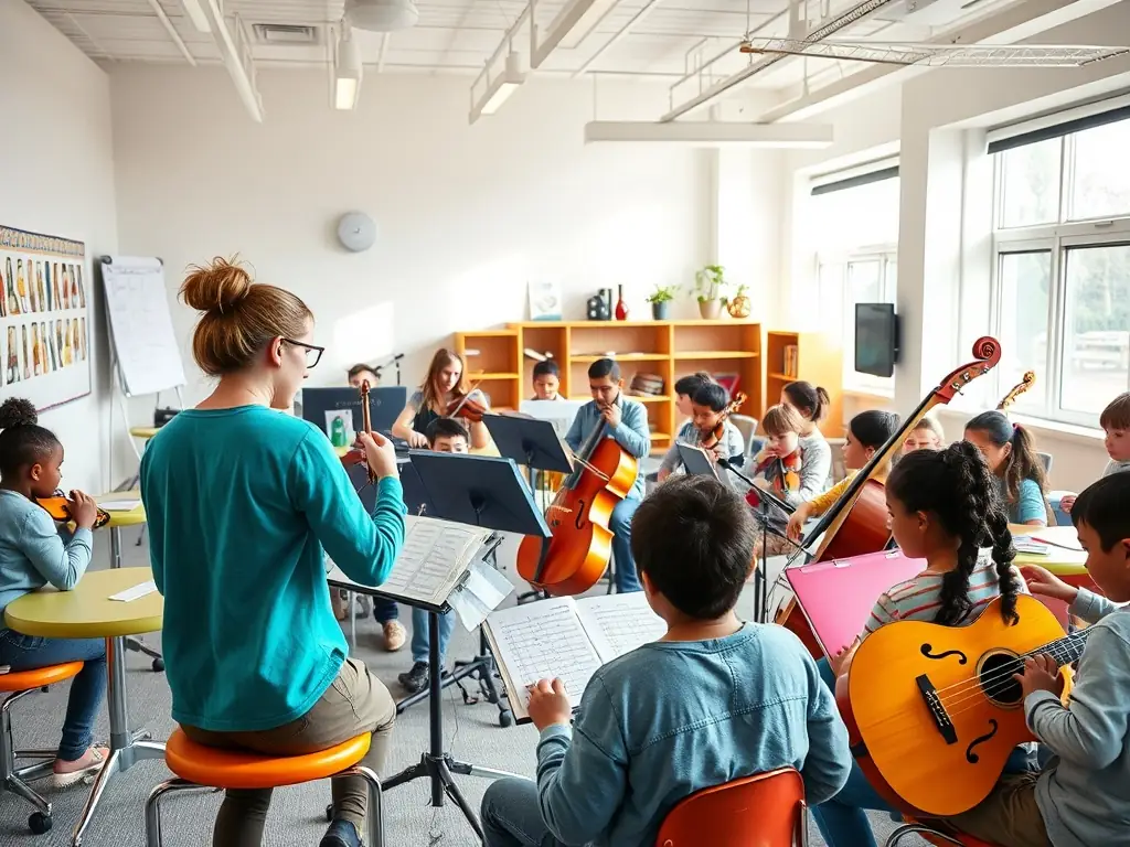 A group of young musicians enthusiastically participating in a string ensemble workshop, guided by an experienced instructor in a well-lit music room. The atmosphere is collaborative and focused, highlighting the educational aspect of the program.