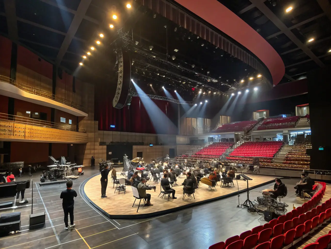 A group of young musicians practicing together in a bright, modern conservatory, showcasing the collaborative and supportive environment fostered by APEC ASS PARENTS D’ELEVES CONSERVATOIRE.