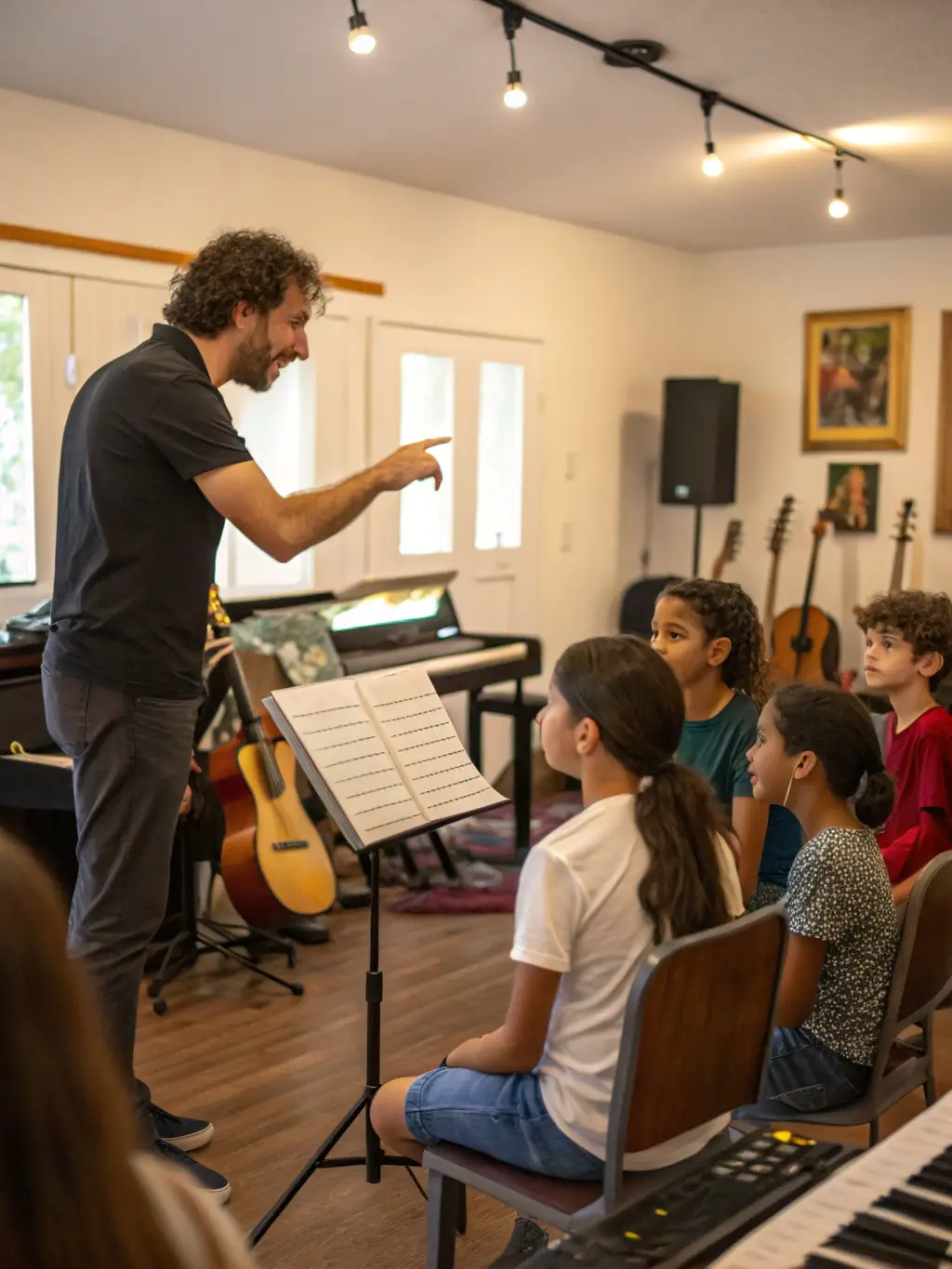 A picture of a masterclass session with a renowned musician, showing students attentively listening and engaging with the guest artist.