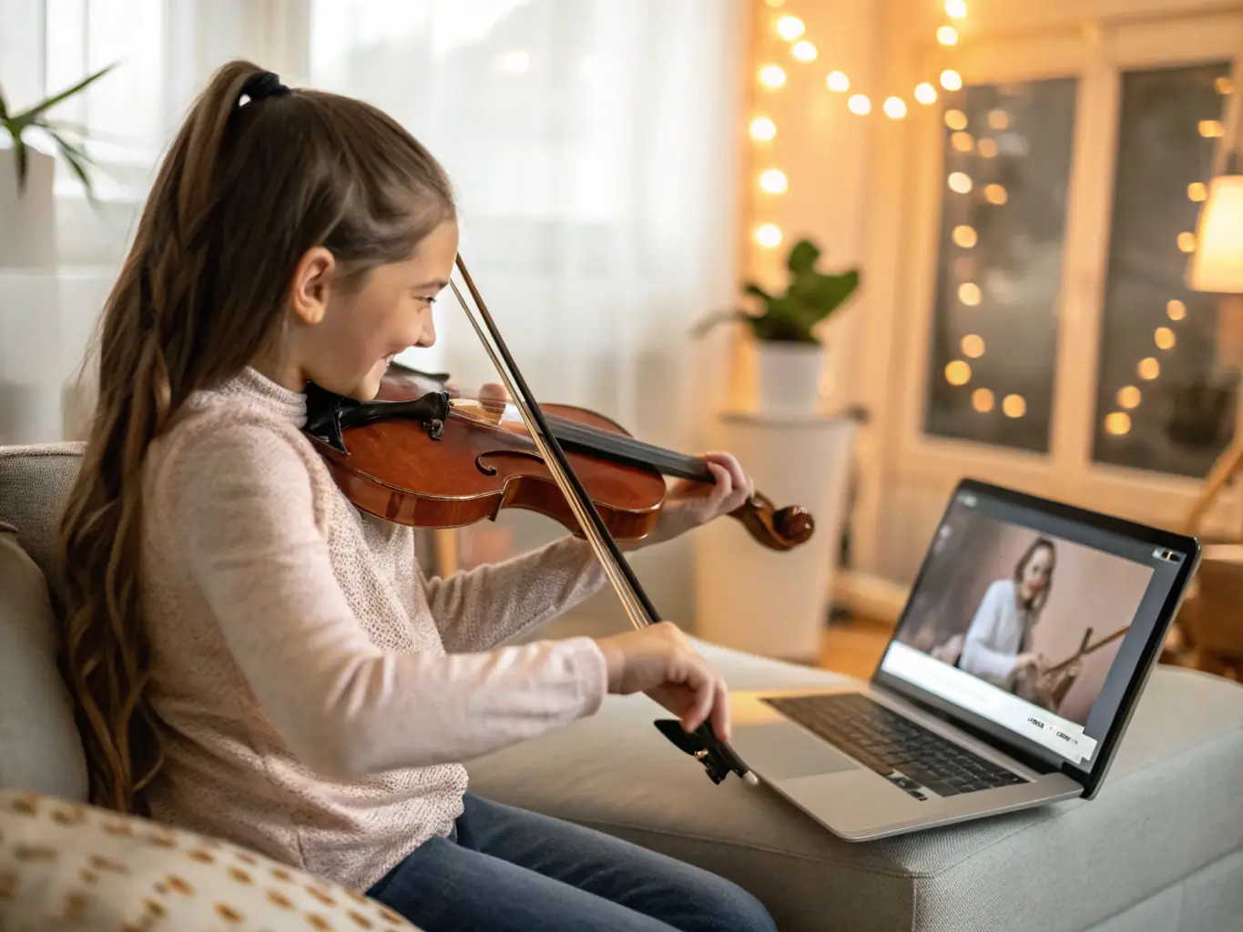 A photograph depicting a young student happily playing a violin during a music lesson, showcasing the joy and engagement fostered by APEC's support.