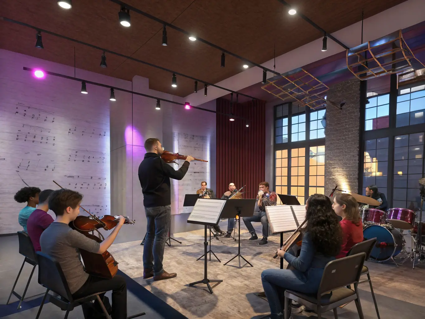 A group of young musicians practicing diligently during a workshop session, showcasing their dedication and passion for music.