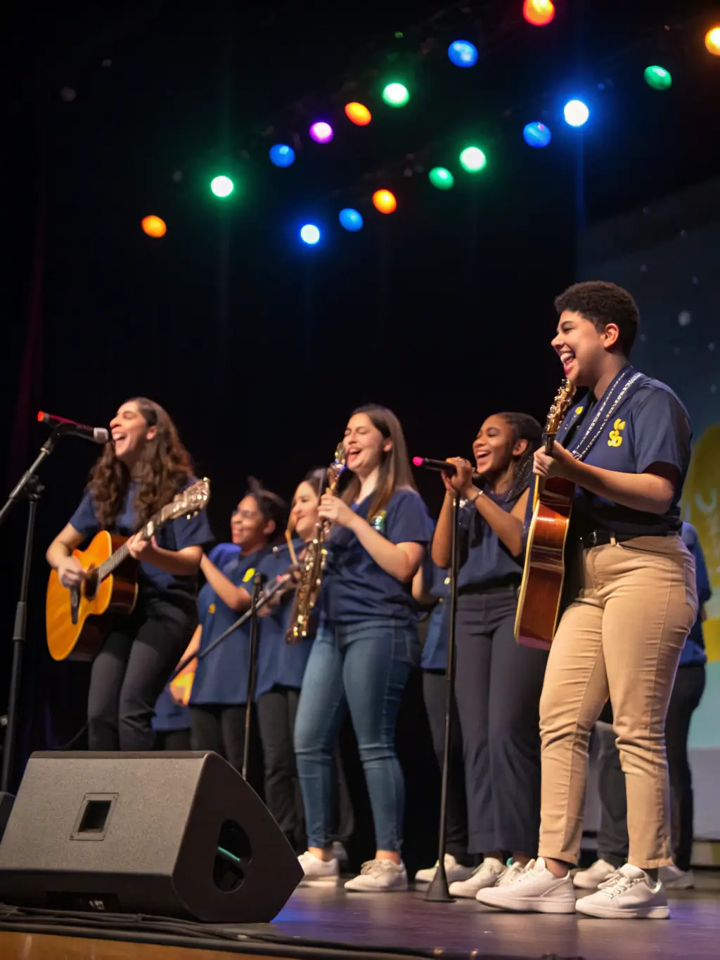 A photograph of students performing on stage during a school musical production, capturing the excitement and energy of the performance.