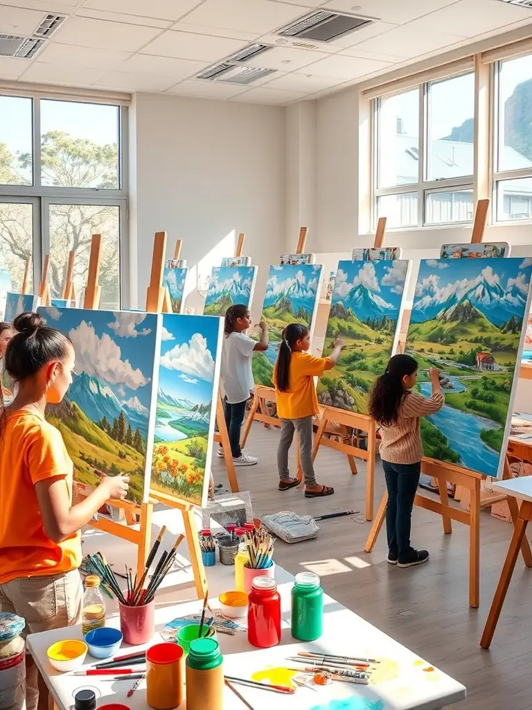 A colorful image of children creating artwork during a visual arts summer camp, with paintbrushes, easels, and various art supplies scattered around.
