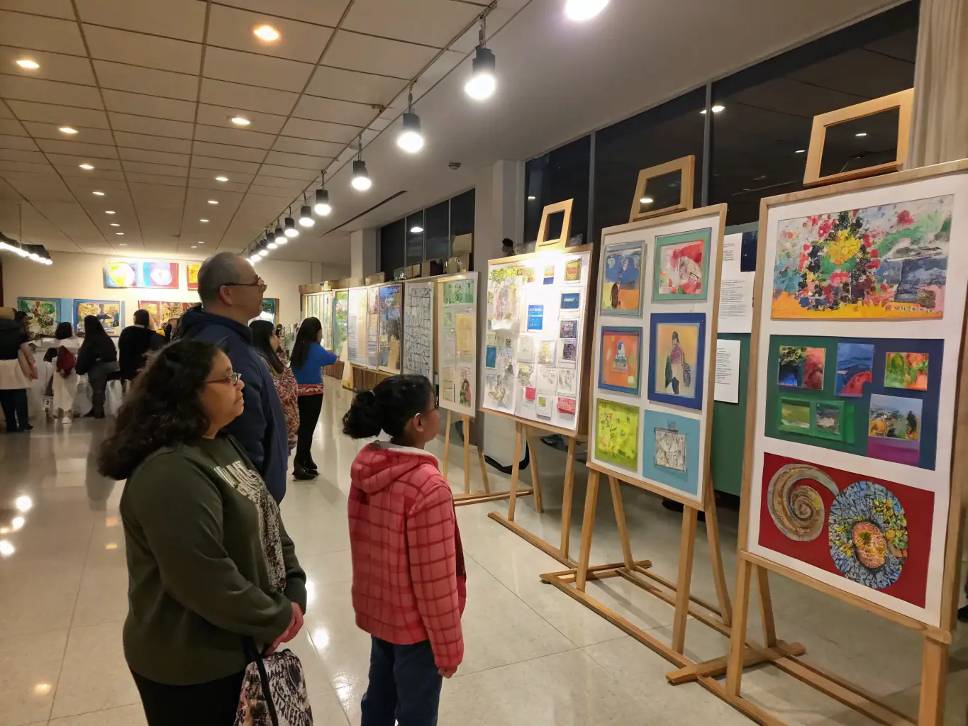 A vibrant scene from an art exhibition featuring student artwork, highlighting the creativity and talent nurtured by APEC ASS PARENTS D’ELEVES CONSERVATOIRE.