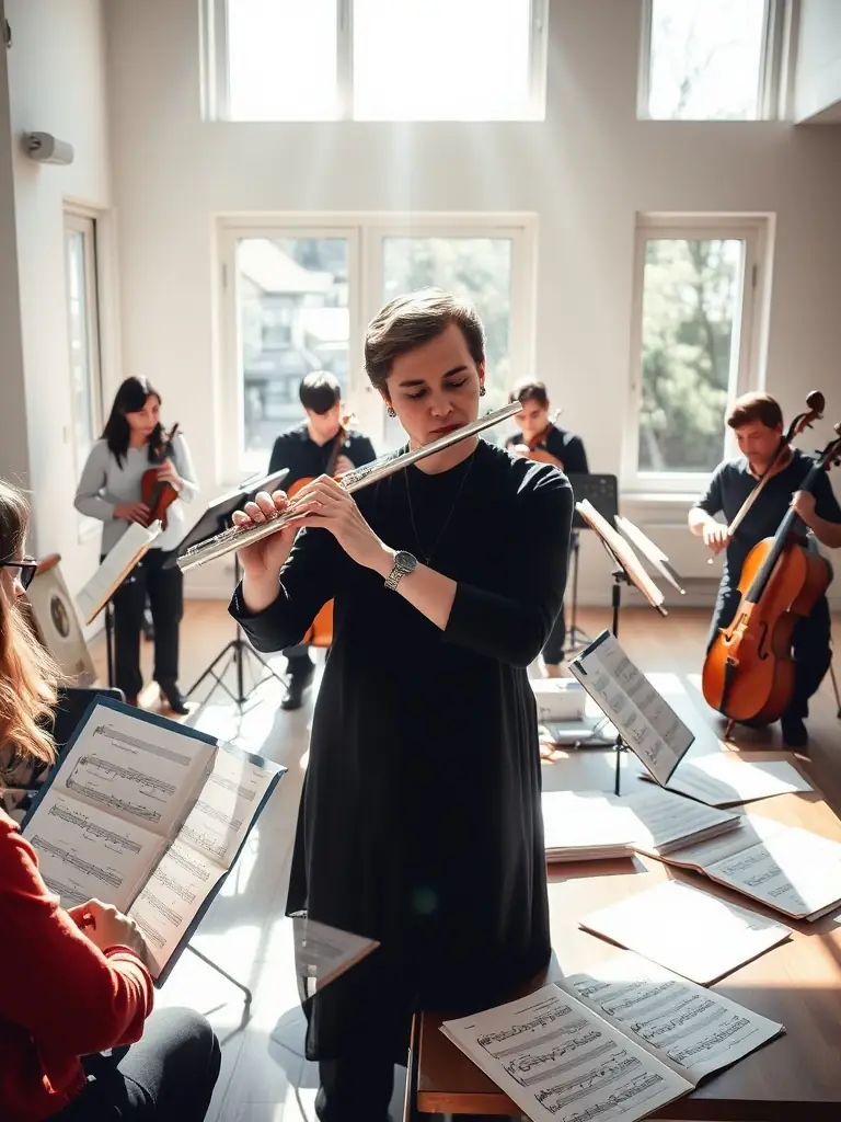 A group of young musicians practicing together in a bright, modern rehearsal room, showcasing the collaborative spirit of the APEC ASS PARENTS D’ELEVES CONSERVATOIRE's ensemble program.